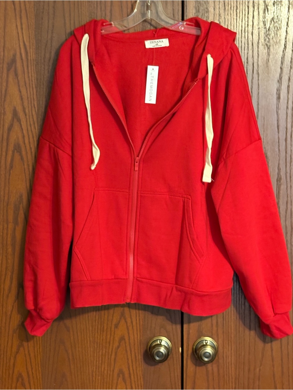 Zenana Red Zippered Hooded Sweatshirt with Contrast Drawstrings 2X